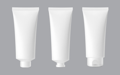 Set of blank realistic cosmetic tubes on grey background. Can be used for cosmetic, medical, gels, creams, shampoo and pastes. Face, side and back view. Vector illustration. EPS10.