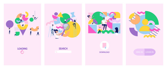 Set of landing page, download, loading, authorization and search page. Group of people organizing and arranging abstract geometric shapes. Teamwork Concept for Mobile App Page. Vector illustration