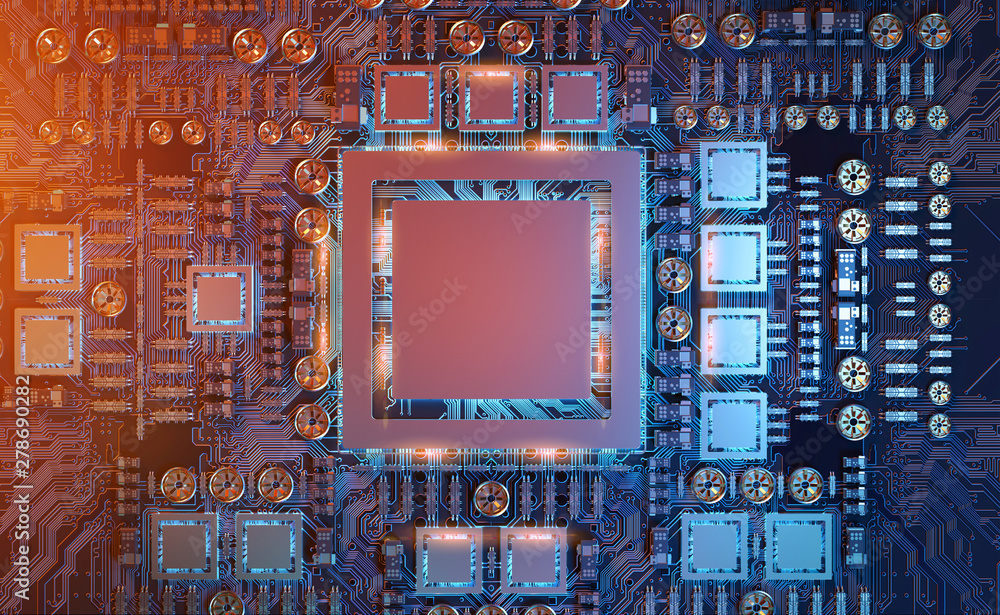 Fototapete close-up view of a modern gpu card with circuit 3d rendering