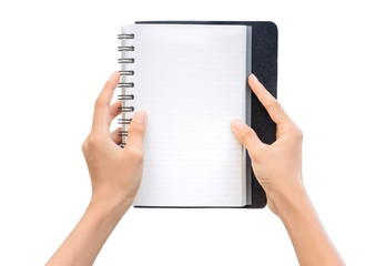 woman two hands open organization book  mock up concept