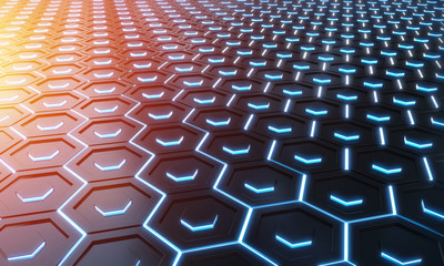 Naklejka premium Glowing black blue and orange hexagons background pattern on silver metal surface 3D rendering