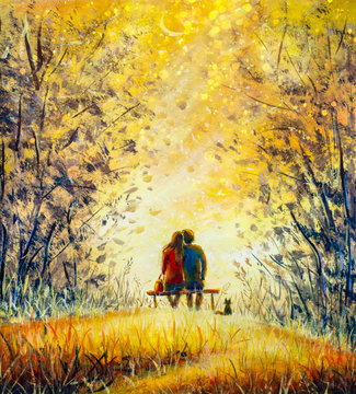 Oil painting romance and love. A loving couple and cat - young man and beautiful girl are sitting on bench and enjoying beautiful view of yellow sunset. Romantic landscape.