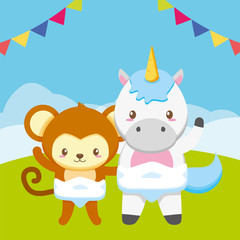 Naklejka premium cute little monkey and unicorn on the field