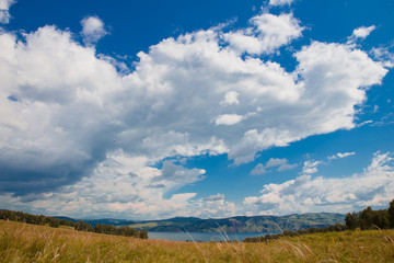 Blue sky with white clouds, trees, fields and meadows with green grass, against the mountains. Composition of nature. Rural summer landscape.
