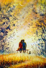 Wandcirkels tuinposter Oil painting romance and love. A loving couple and cat - young man and beautiful girl are sitting on bench and enjoying beautiful view of yellow sunset. Romantic landscape. © weris7554