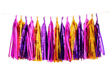 Garlands of paper tinsel pink foil, gold foil, purple foil colors
