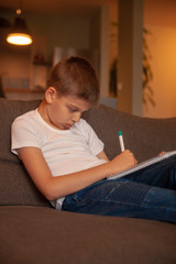 Fototapeta na wymiar boy writing in a notebook, at home.