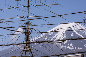 Fototapeta premium The cable and a landscape view of Mount Fuji