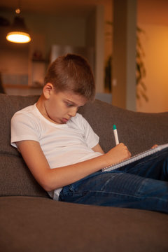 boy writing in a notebook, at home.
