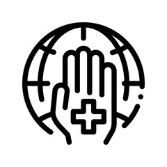 Cross On Hand Palm Planet Vector Thin Line Icon. Planet Protection Against Climate Environmental Problem, Industrial Pollution Linear Pictogram. Greenhouse Effect Global Warming Contour Illustration