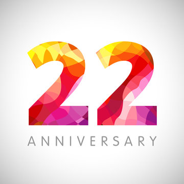 22 nd anniversary numbers. 22 years old multicolored logotype. Age congrats, congratulation art idea. Isolated abstract graphic design template. Coloured 2 digit. Up to 2 % or 22% percent off discount