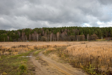 Country road rut with puddles through agricultural field