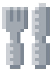 Knife and fork cutlery icon in a pixel 8 bit video game art style