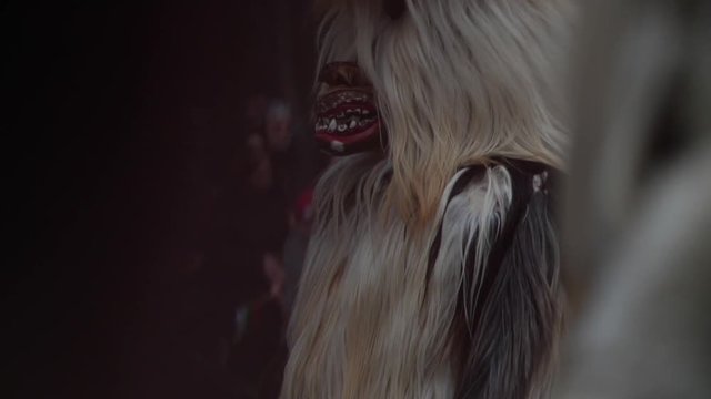 Hairy mask on a long head with horns, part of a costume of a bulgarian kuker with a foreground transition