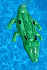 A green crocodile plastic pool float on a sandy beach
