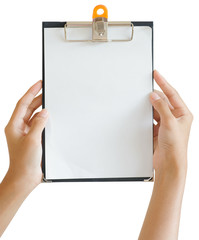 mock up woman hands hold clipboard with empty paper sheet