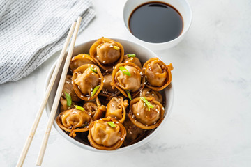 Fried dumplings with soy sauce with pepper and green onions. Asian cuisine. Copy space.