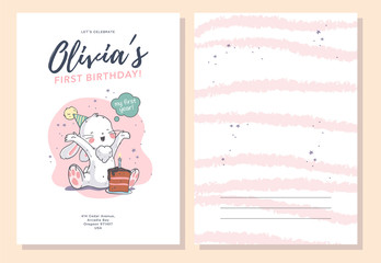 Vector baby shower design template. Cute hand drawn little bunny character. Flat lay. Pastel colors. For happy birthday and anniversary party invitations, greeting cards, tags etc.
