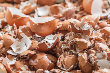 A close up of pile of empty cracked eggshells use for background texture.
