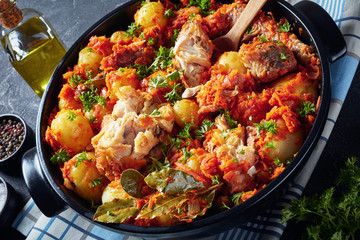 close-up of stewed hake cooked with new potatoes