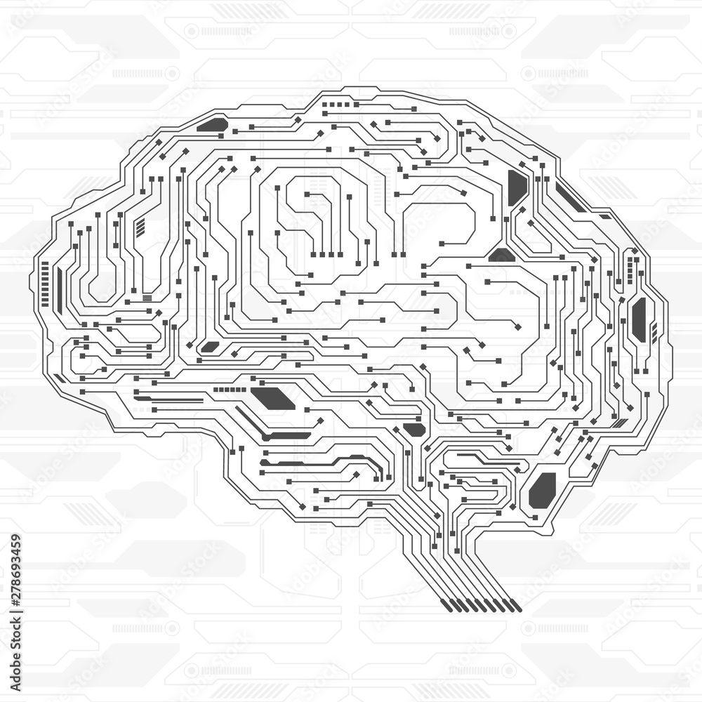 Fototapete Brain Futuristic Element Circuit Board With Encoder And Decoder Binary Code Vector Background. Virtual Grayscale Abstract AI Brainstorm  Digital Data Security Technology Illustration.