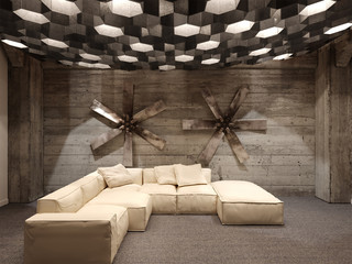3d rendering of new urban loft interior design with large sofa