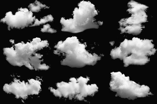 Set of clouds white for design on isolated elements black background.