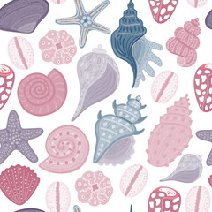 Vector seamless pattern with colorful shells. Ornament with seashells. Wrapping paper, package, wallpaper, clothing and other textile in a pet store or aquapark, print on shower curtain, beach mat