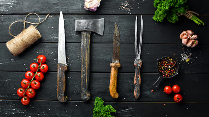 BBQ banner. Cutlery barbecue. Top view. Free space for your text. Rustic style.