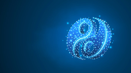 Yin-Yan sign. Life balance, business solution, buddhism symbol, harmony concept. Abstract, digital, wireframe, low poly mesh, Raster blue neon 3d illustration. Triangle line dot