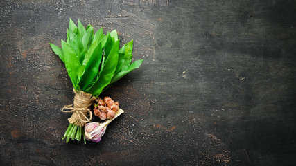 Fresh wild garlic leaves on a wooden background. Top view. Free space for your text.