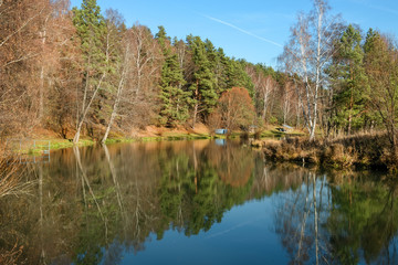 Fototapeta na wymiar Autumn forest river water panorama. Natural color.