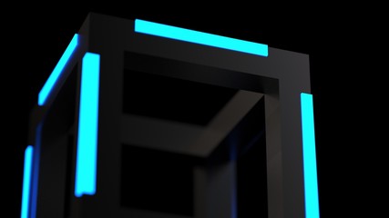Blue illuminated Cube. Blockchain network technology concept illustration. 3D illustration. 3D high quality rendering.