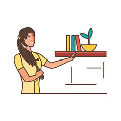 beautiful young woman with shelf and books
