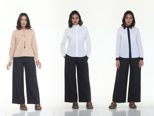 Group pack collage of Asian Tanned skin 20s slim woman black hair stand fashion posing in Casual Dress Clothes, full length snap studio lighting white background isolated
