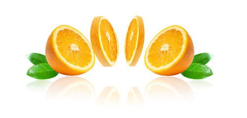 Orange slice of lemon leaf parts Isolated on white background.