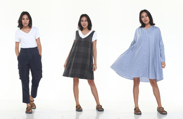 Obraz premium Group pack collage of Asian Tanned skin 20s slim woman black hair stand fashion posing in Casual Dress Clothes, full length snap studio lighting white background isolated