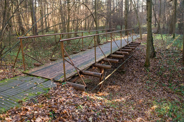 Pedestrian bridge over a ravine in the autumn forest
