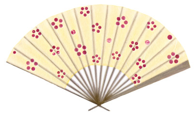 黄色い和風の扇子　赤梅模様　日本和雑貨