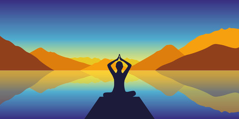 meditation silhouette by the lake with autumn mountains background vector illustration EPS10