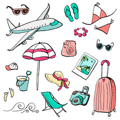 Collection of summer travel doodles with ink contour. Vector stock set. Cute vacation icons. Can be used for printed materials. Travel holiday background. Hand drawn design elements. Festive card.