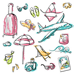 Collection of summer travel doodles with ink contour. Vector stock set. Cute vacation icons. Can be used for printed materials. Travel holiday background. Hand drawn design elements. Festive card. - 278697815