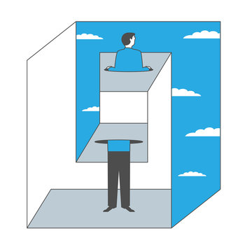 Man standing in impossible object and looking out.
