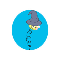 Funny yellow cartoon spring in a wizard's hat - with head, eyes and mouth on a blue background.