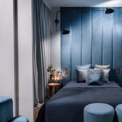 Blue bedroom behind sliding doors
