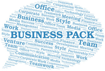 Business Pack word cloud. Collage made with text only.