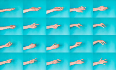 Gesturing female hands on blue background. Set of gesturing female hands isolated on blue. Hello, have-five and other symbols.