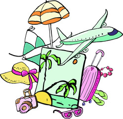 Collection of summer travel doodles with ink contour. Vector stock set. Cute vacation icons. Can be used for printed materials. Travel holiday background. Hand drawn design elements. Festive card.