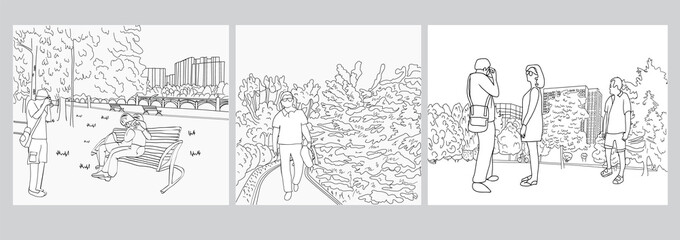 Obraz premium set of graphic black white landscape sketch by line art illustration city Park and people