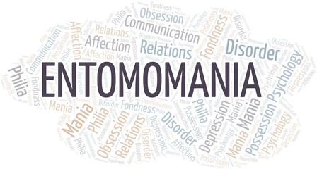 Entomomania word cloud. Type of mania, made with text only.